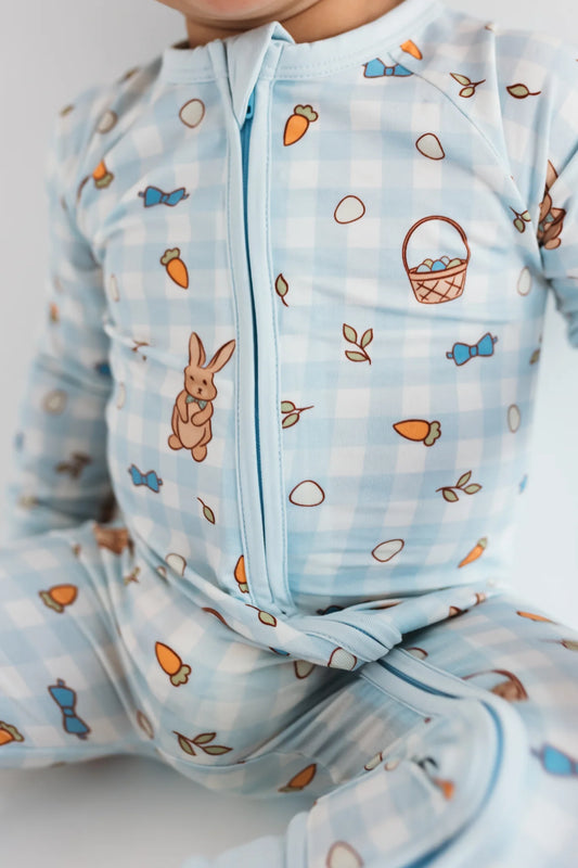 Blue Gingham Bunny Zipper Romper