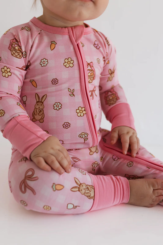 Pink Gingham Bunny Zipper Romper