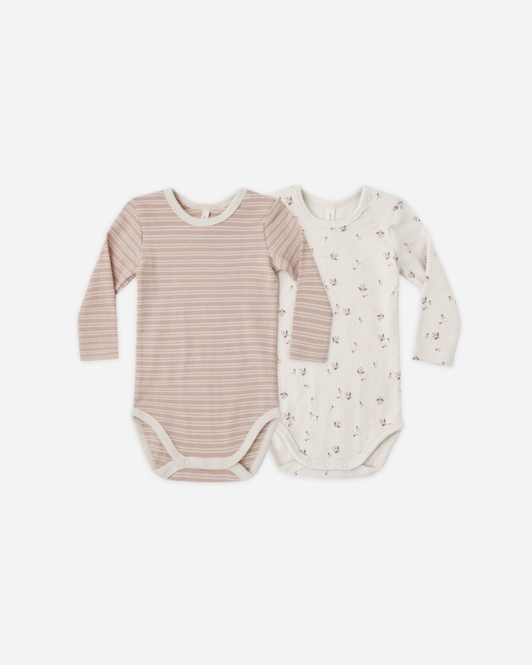 Ribbed Bodysuit, 2 Pack | Dusty Rose Microstripe & Fall Ditsy