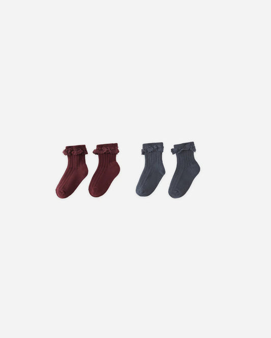 Lace Trim Socks, 2-pack | Burgundy, Navy