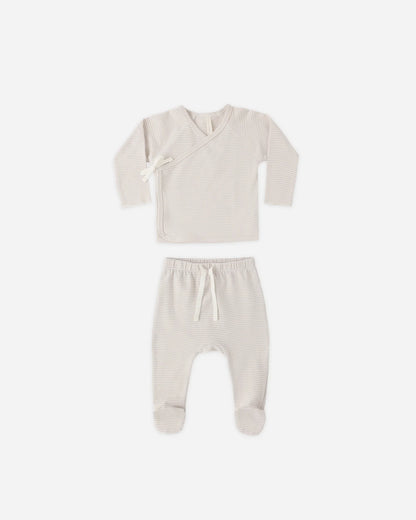 Wrap Top + Footed Pant Set Oat Micro Stripe