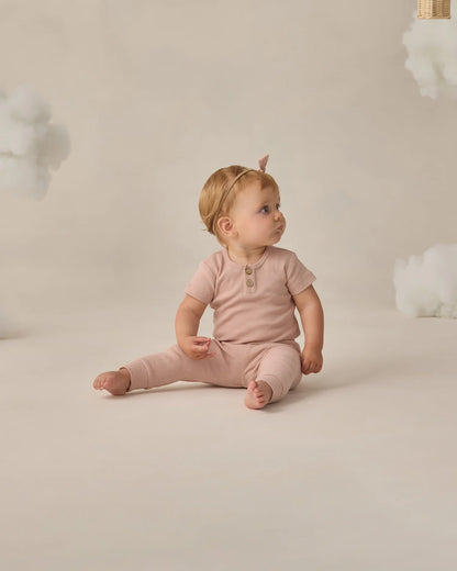 Ribbed Henley Bodysuit + Legging Set- Blush