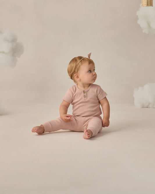 Ribbed Henley Bodysuit + Legging Set- Blush