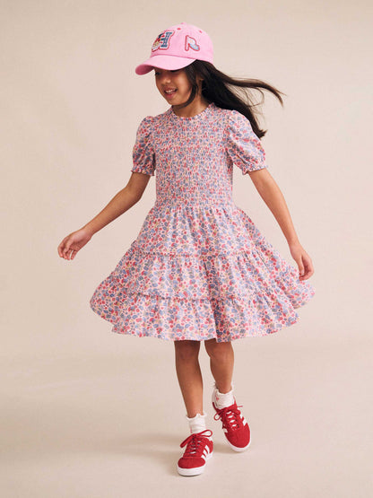 Vintage Floral Puff Sleeve Shirred Dress