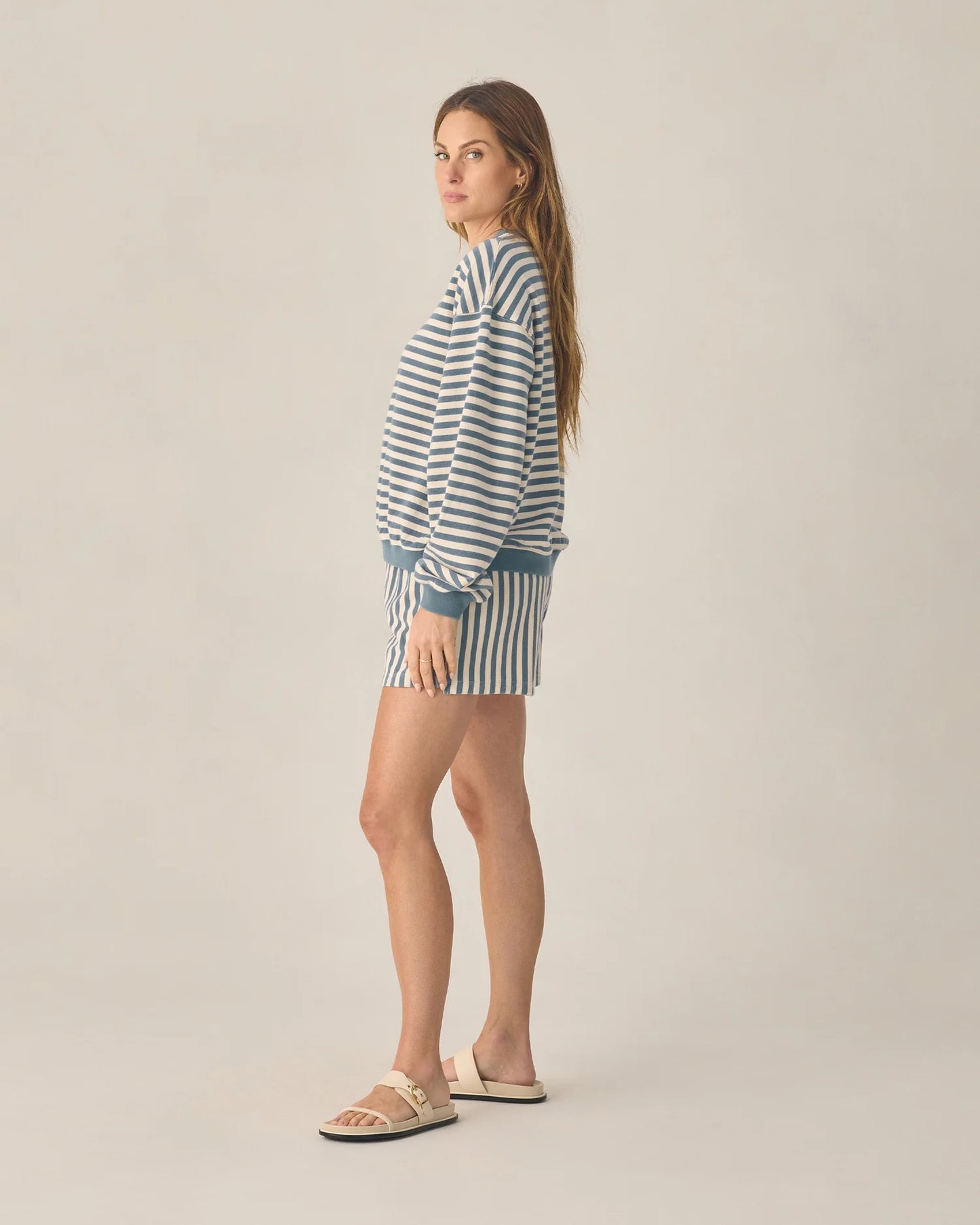Oversized Crew + Short Set | Marine  Stripe