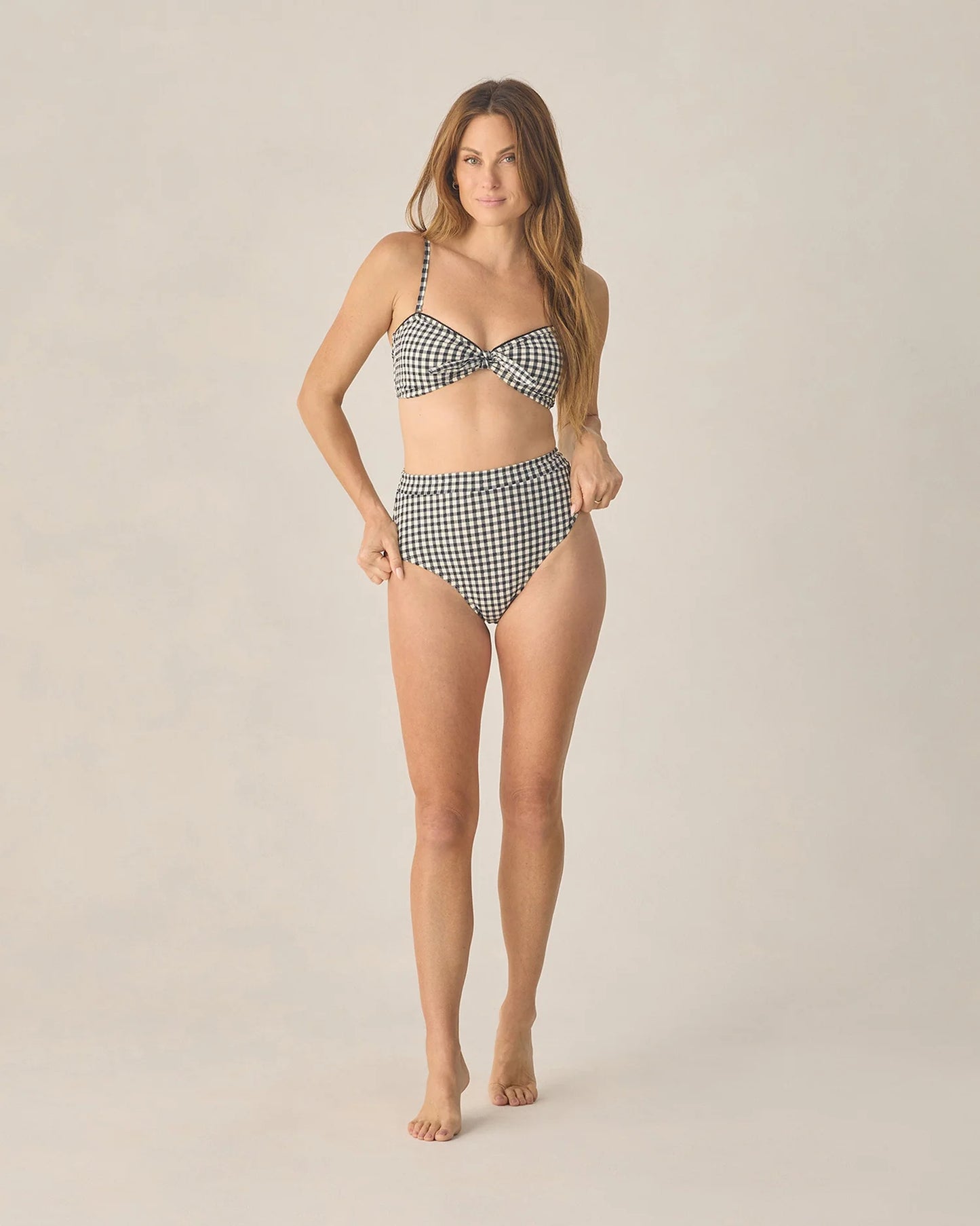 Women's Knotted Bandeau Bikini Top + Banded High Cut Bikini Bottom- Black Gingham