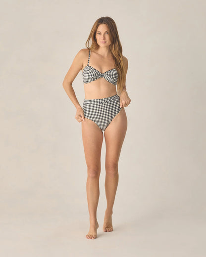 Women's Knotted Bandeau Bikini Top + Banded High Cut Bikini Bottom- Black Gingham