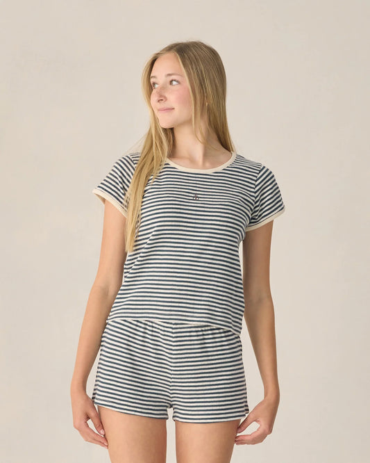 Teen Pointelle Tee + Short Set-  Navy Stripe
