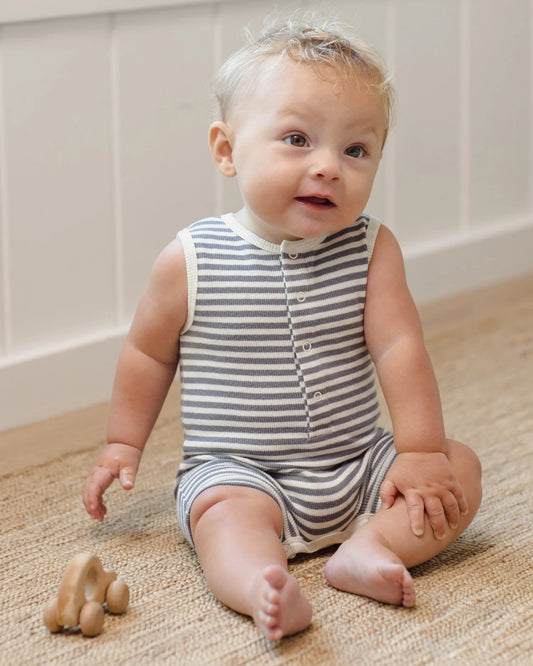 Ribbed Henley Romper Ocean Stripe
