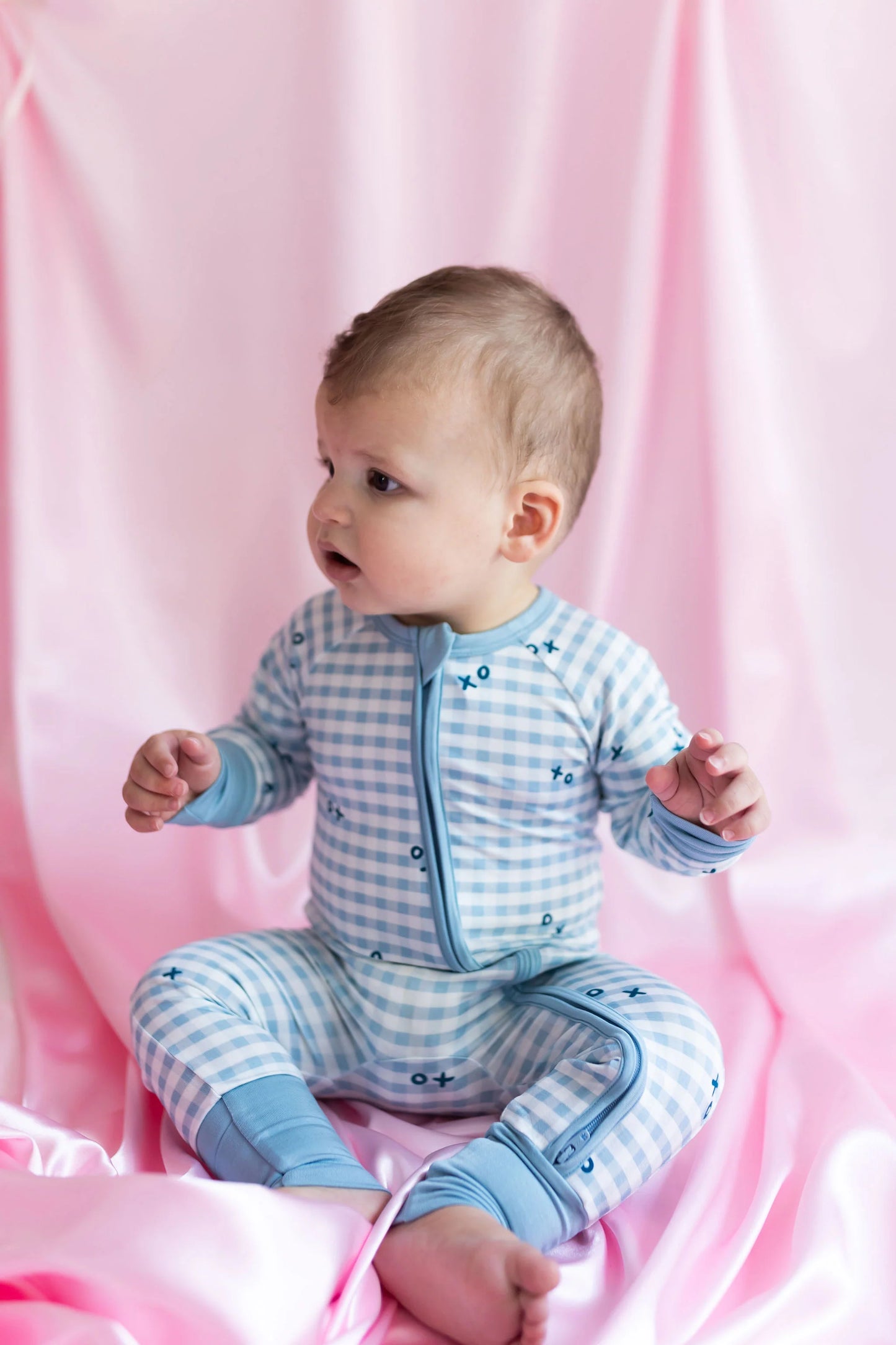 Blue XO Gingham Zipper Romper