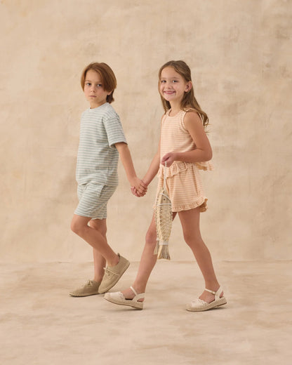 Terry Relaxed Tee + Short Set- Seafoam Stripe