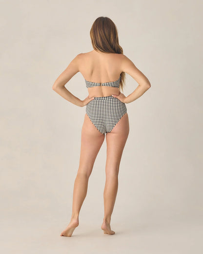 Women's Knotted Bandeau Bikini Top + Banded High Cut Bikini Bottom- Black Gingham