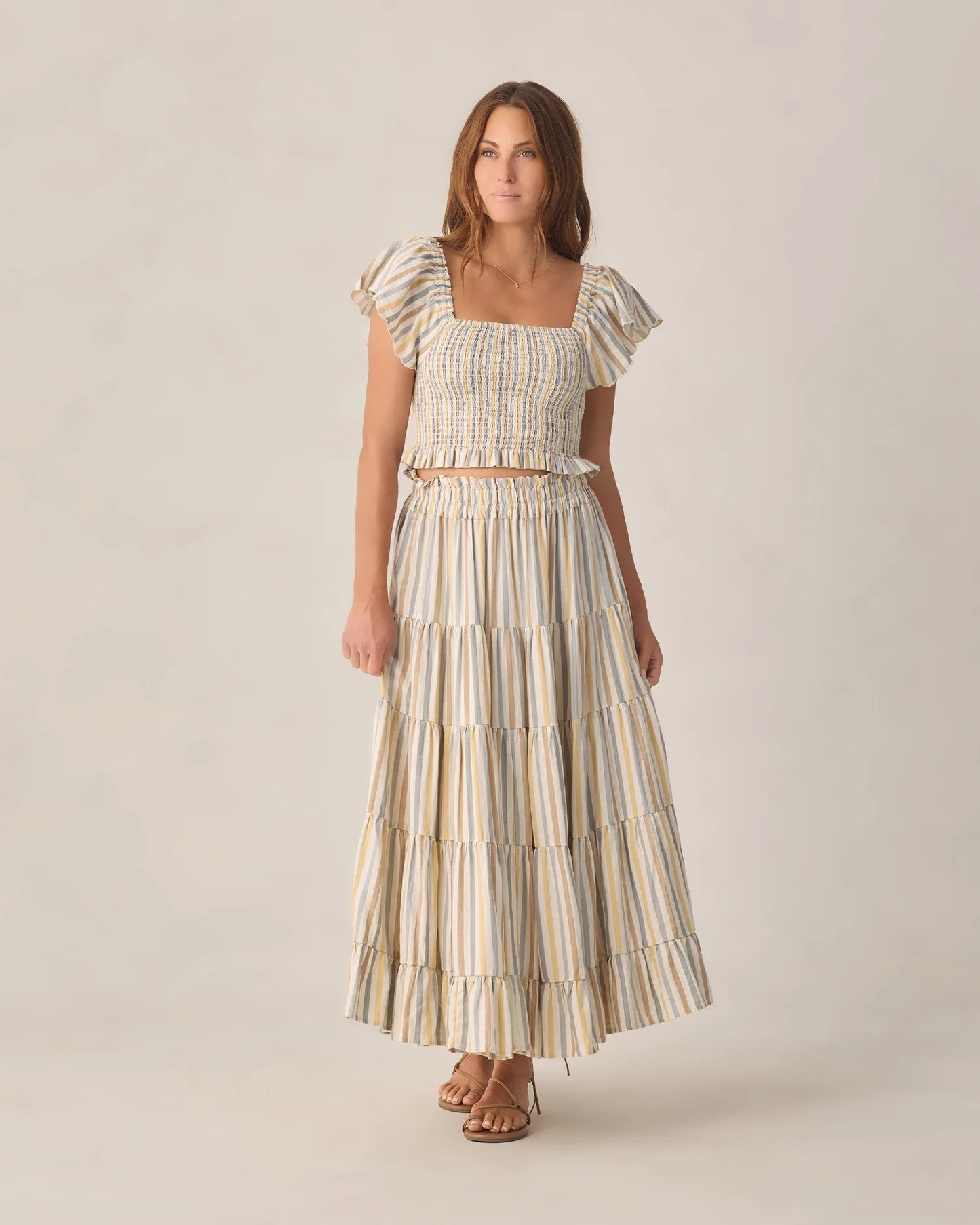 Women's Zayla Top Valencia Stripe +  Ruffle Tiered Maxi Skirt Set- Valencia Stripe