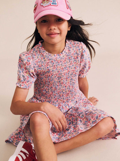 Vintage Floral Puff Sleeve Shirred Dress