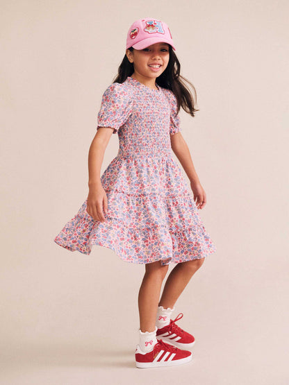 Vintage Floral Puff Sleeve Shirred Dress
