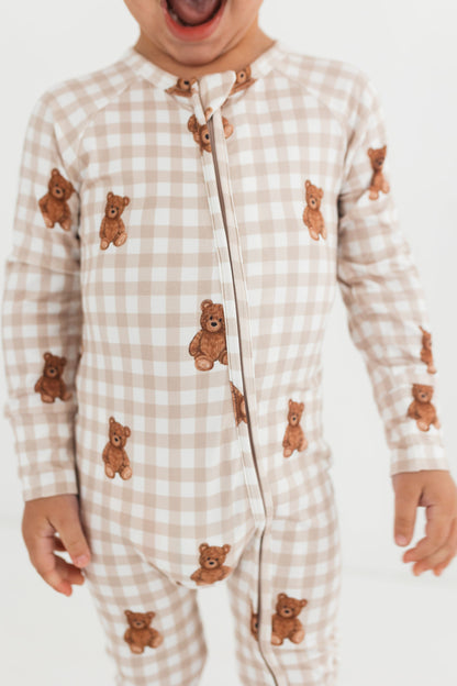 Teddy Gingham Zipper Romper