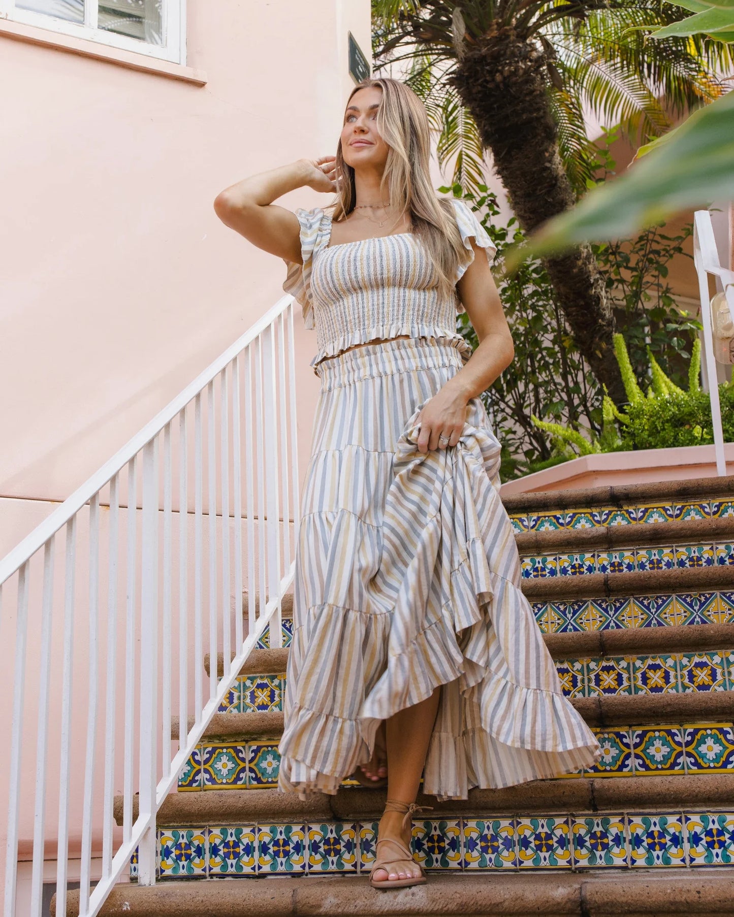 Women's Zayla Top Valencia Stripe +  Ruffle Tiered Maxi Skirt Set- Valencia Stripe