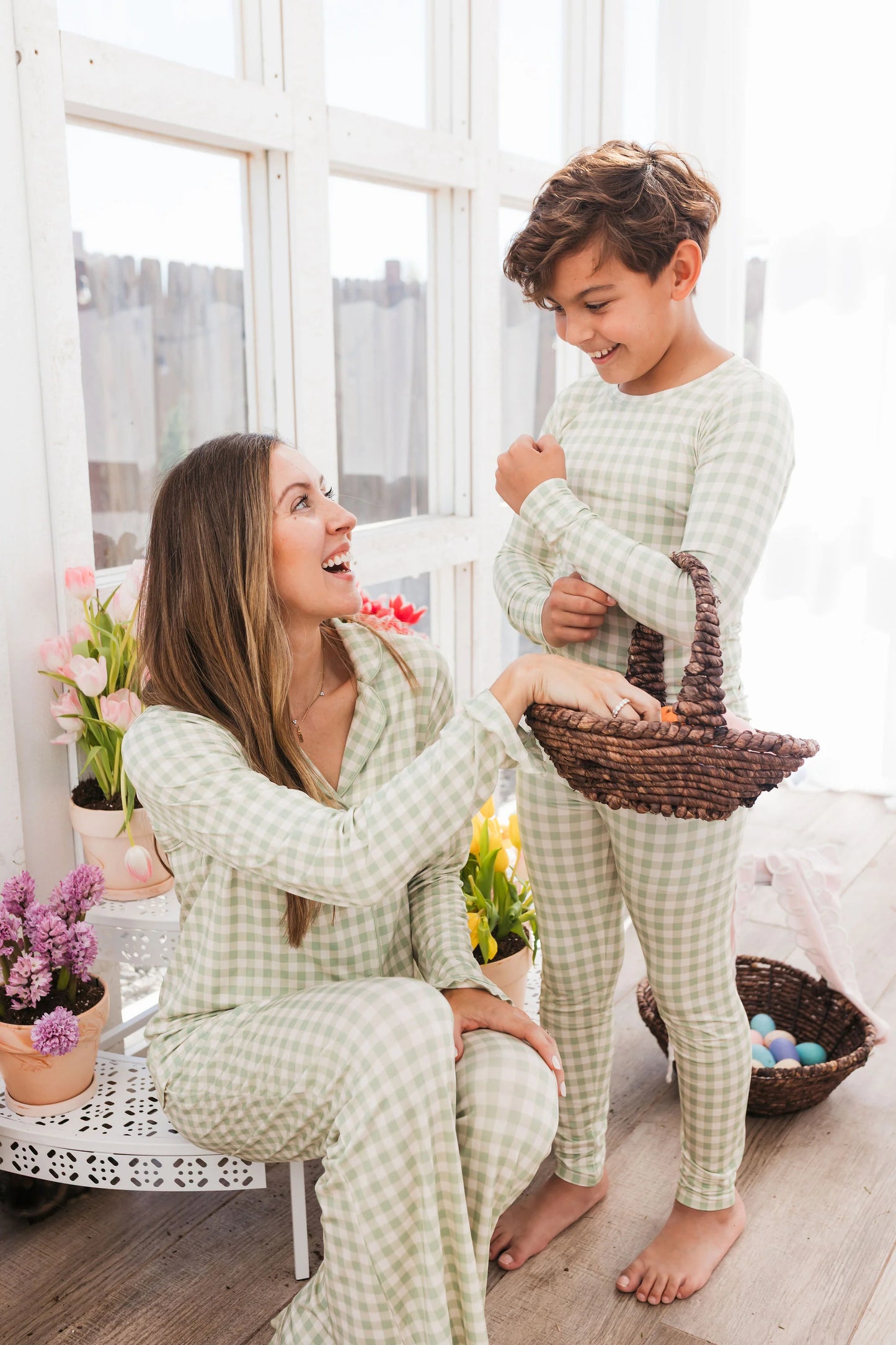 Green Gingham Women's Long Sleeve Ruffle Set