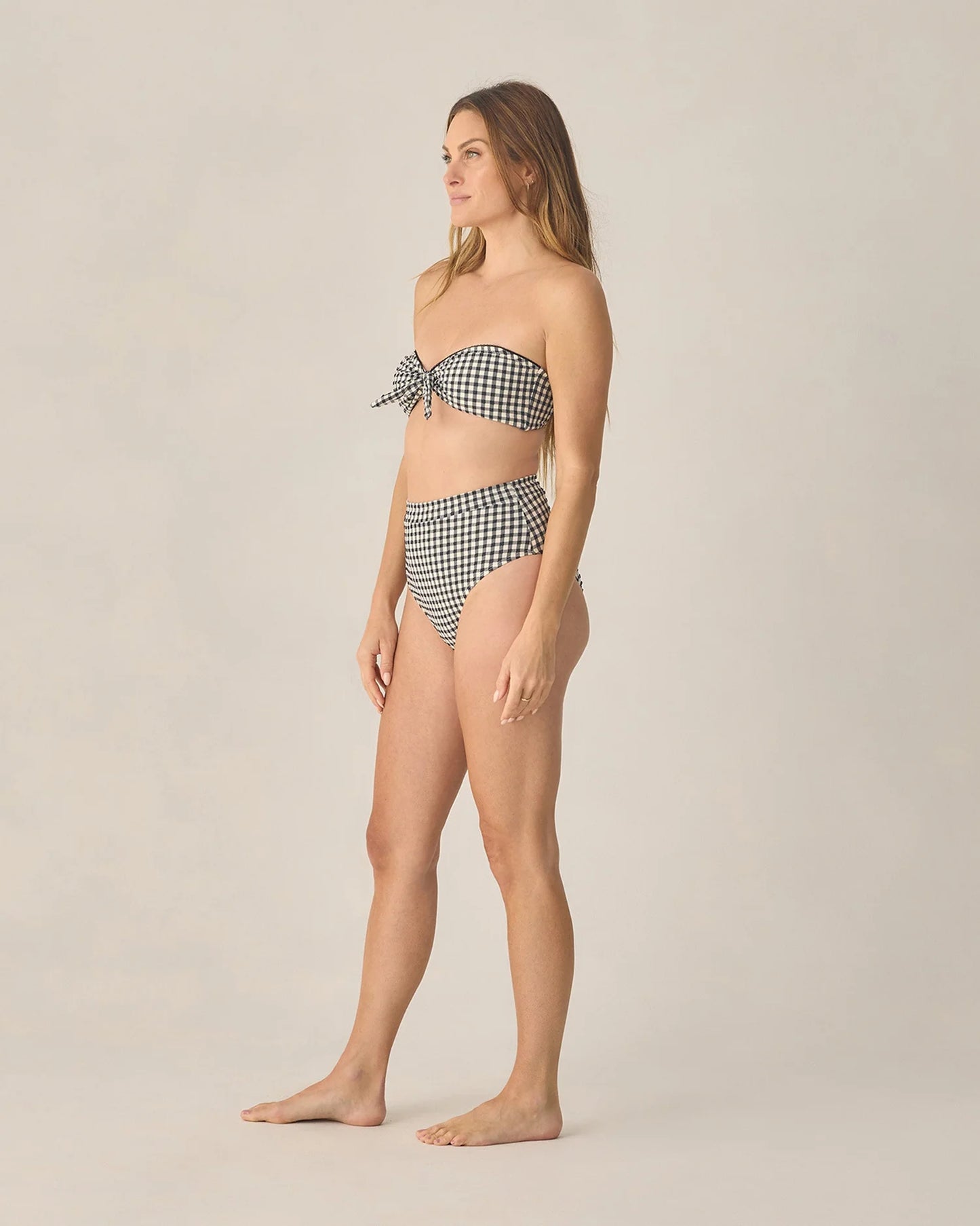 Women's Knotted Bandeau Bikini Top + Banded High Cut Bikini Bottom- Black Gingham