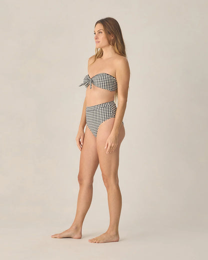 Women's Knotted Bandeau Bikini Top + Banded High Cut Bikini Bottom- Black Gingham