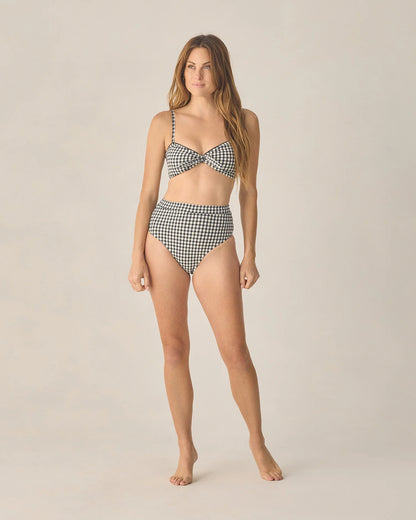 Women's Knotted Bandeau Bikini Top + Banded High Cut Bikini Bottom- Black Gingham