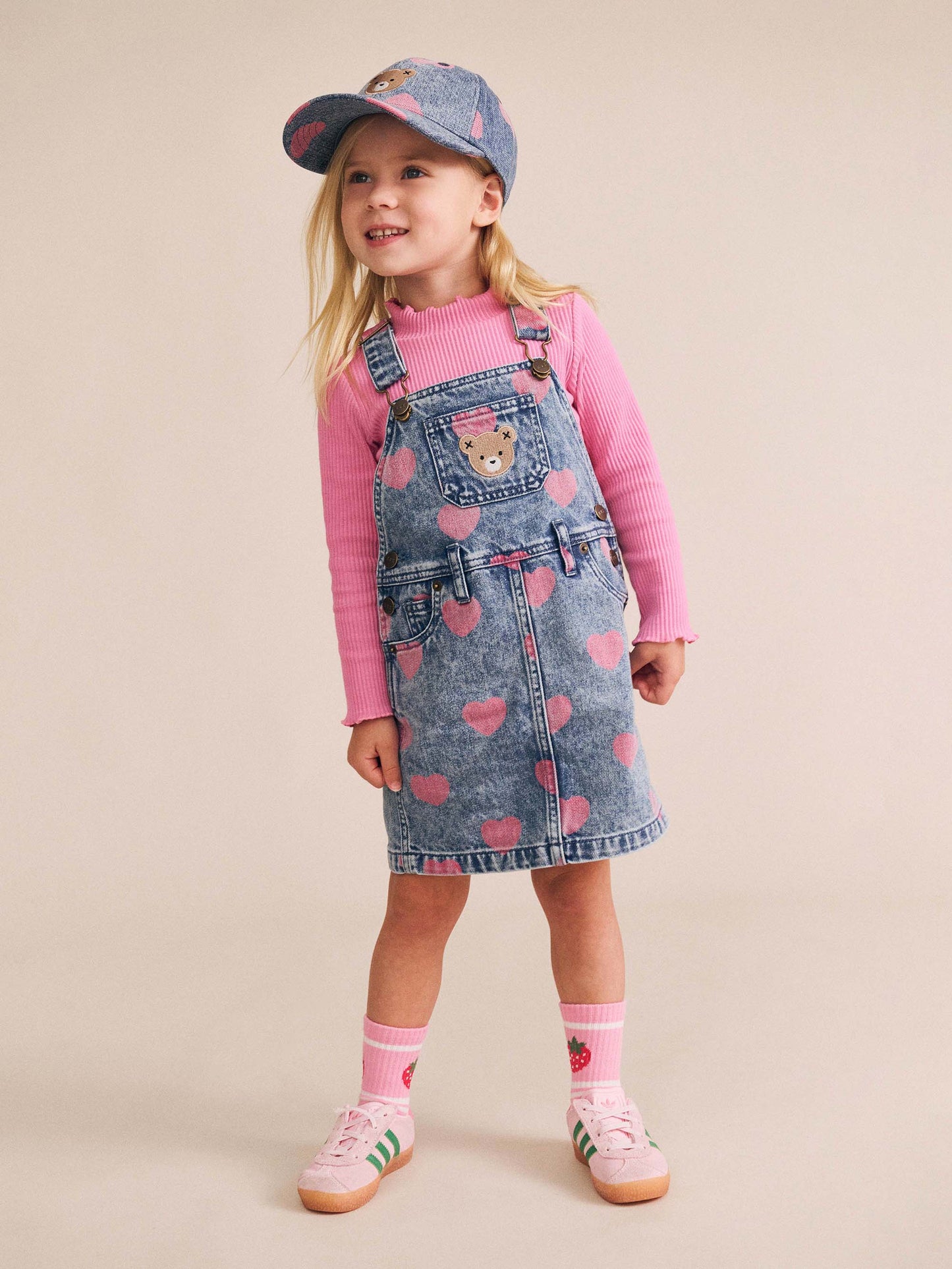 Dreamy Denim Hearts Pinafore + Strawberry Rib Tee