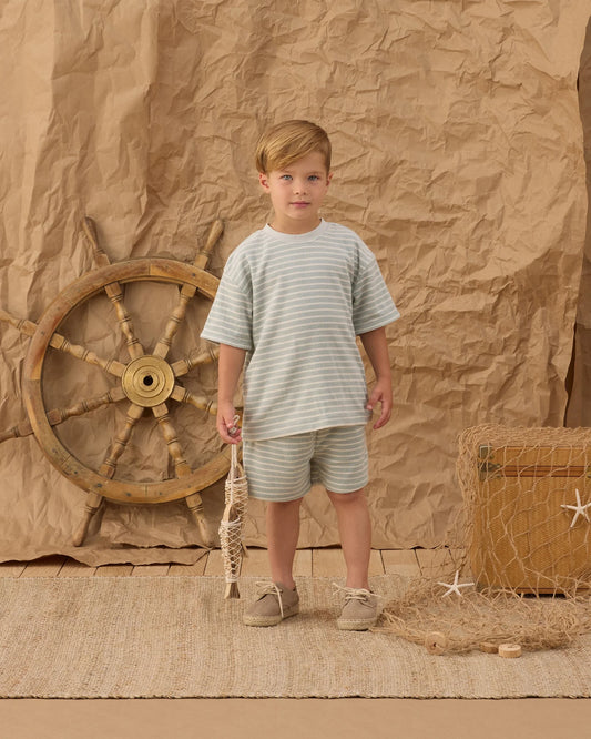 Terry Relaxed Tee + Short Set- Seafoam Stripe