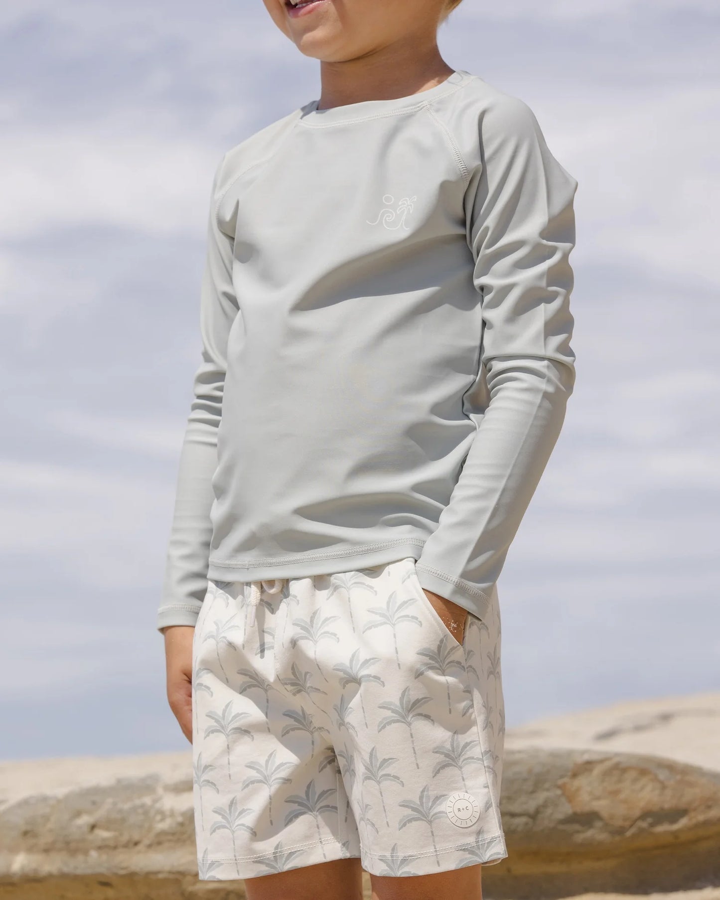 Boardshort Palm Trees+  Long Sleeve Rashguard Sage Set