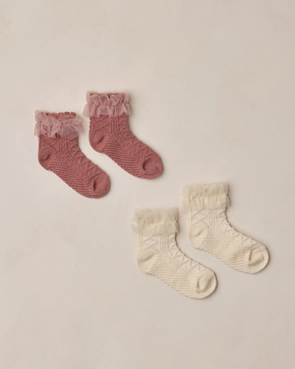 Ruffle Socks | Ivory, Raspberry