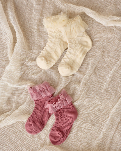 Ruffle Socks | Ivory, Raspberry