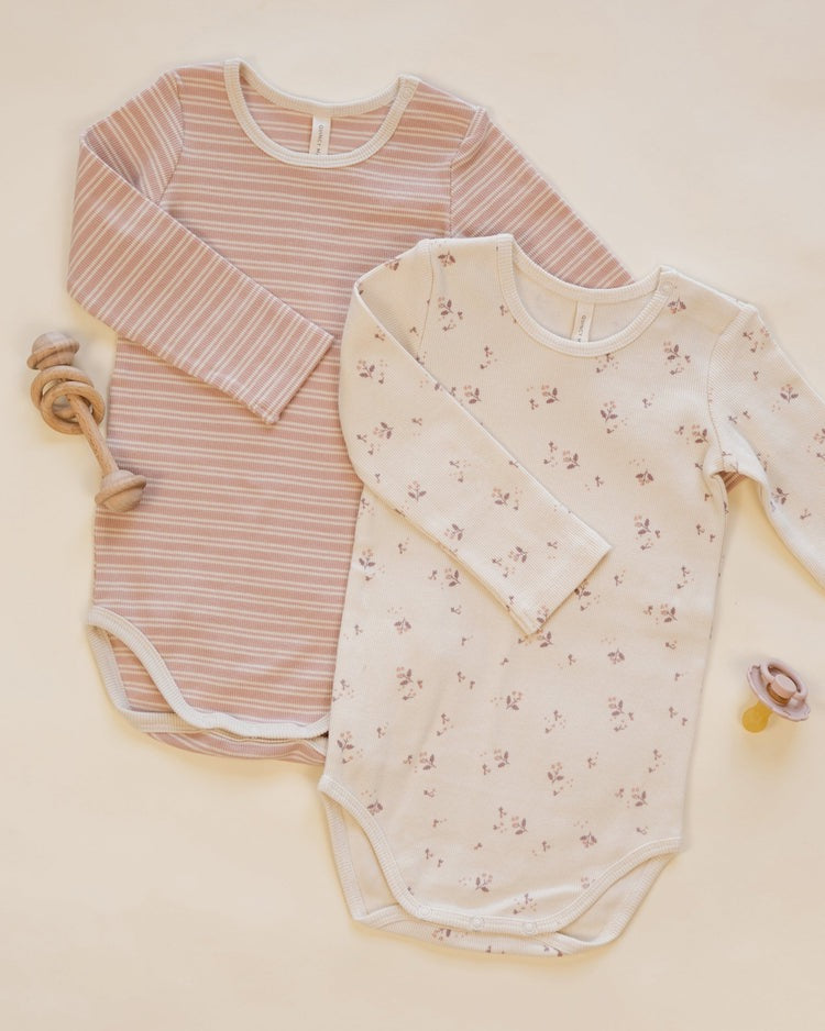 Ribbed Bodysuit, 2 Pack | Dusty Rose Microstripe & Fall Ditsy
