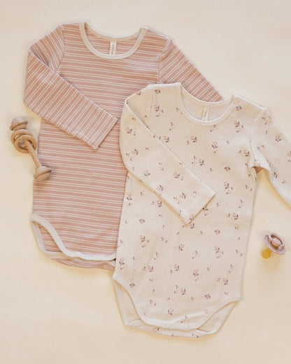 Ribbed Bodysuit, 2 Pack | Dusty Rose Microstripe & Fall Ditsy