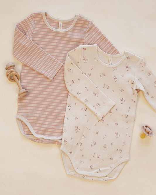 Ribbed Bodysuit, 2 Pack | Dusty Rose Microstripe & Fall Ditsy