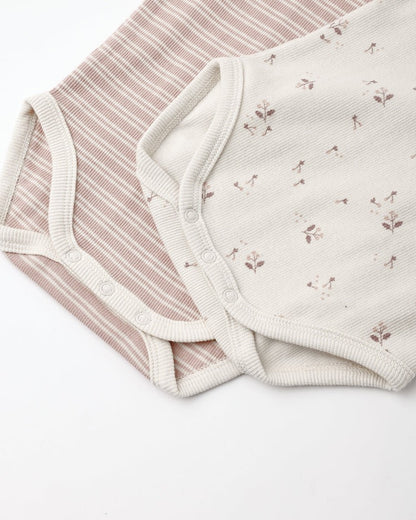 Ribbed Bodysuit, 2 Pack | Dusty Rose Microstripe & Fall Ditsy