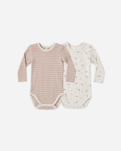 Ribbed Bodysuit, 2 Pack | Dusty Rose Microstripe & Fall Ditsy