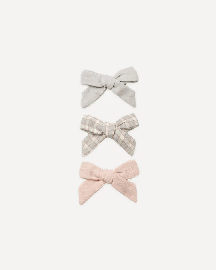 Bow W. Clip, Set Of 3| Cloud + Blue Gingham + Dusty Rose