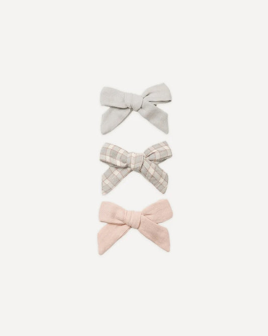 Bow W. Clip, Set Of 3| Cloud + Blue Gingham + Dusty Rose