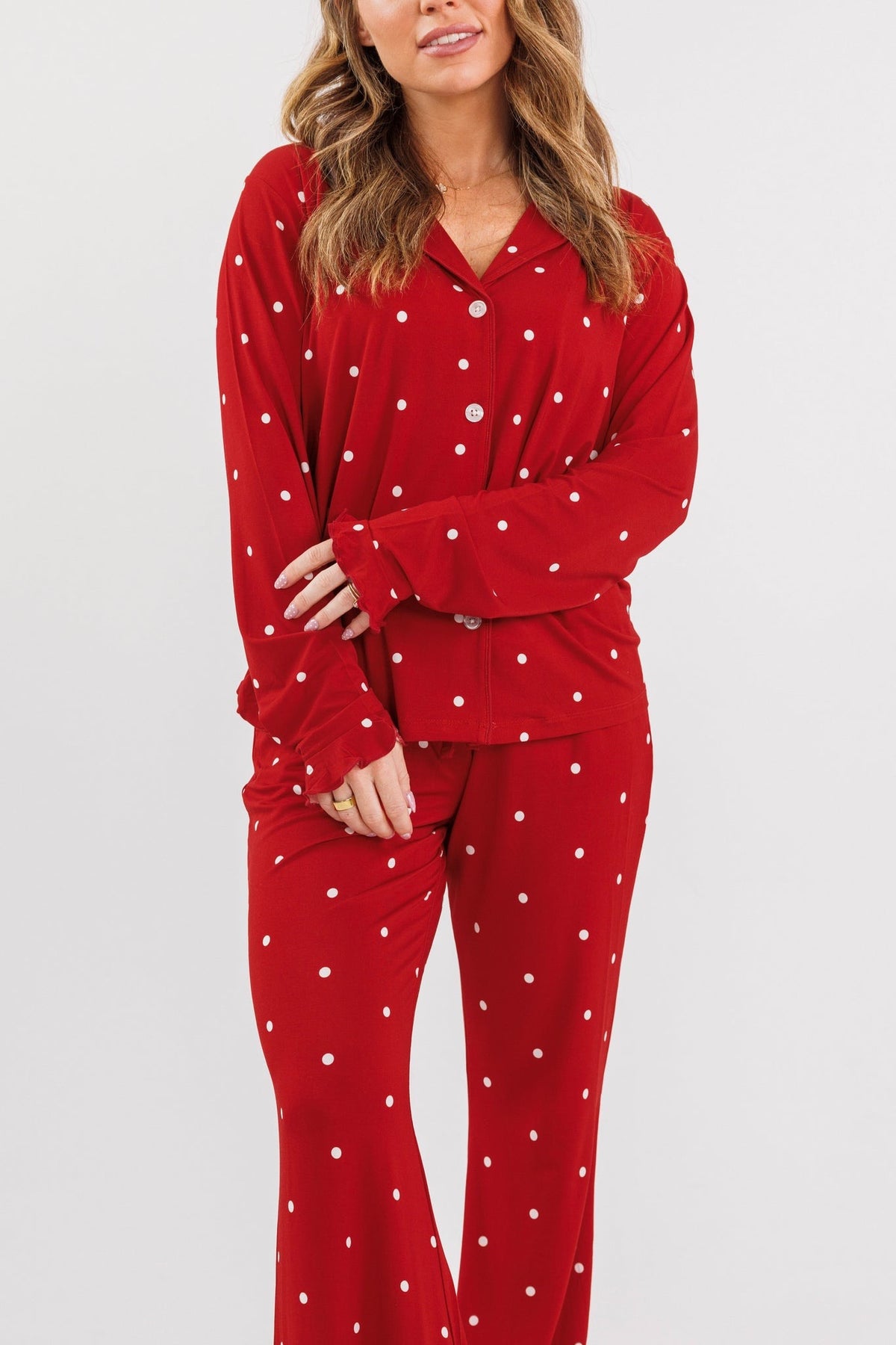 Ruby Polka Dot Women's Long Sleeve Ruffle Set