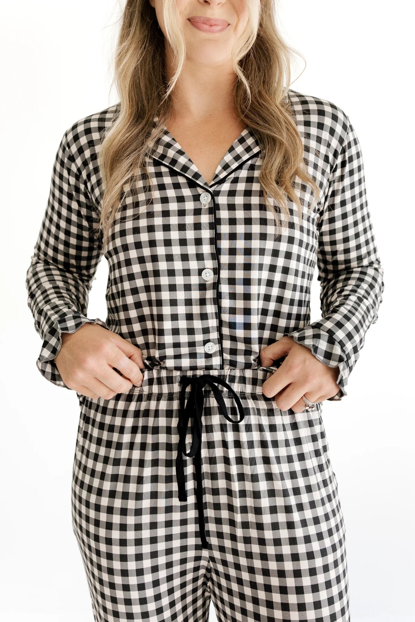 Black and Cream Gingham Women's Long Sleeve Ruffle Set