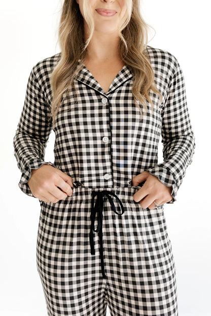 Black and Cream Gingham Women's Long Sleeve Ruffle Set
