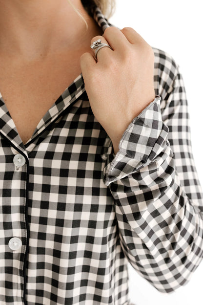 Black and Cream Gingham Women's Long Sleeve Ruffle Set