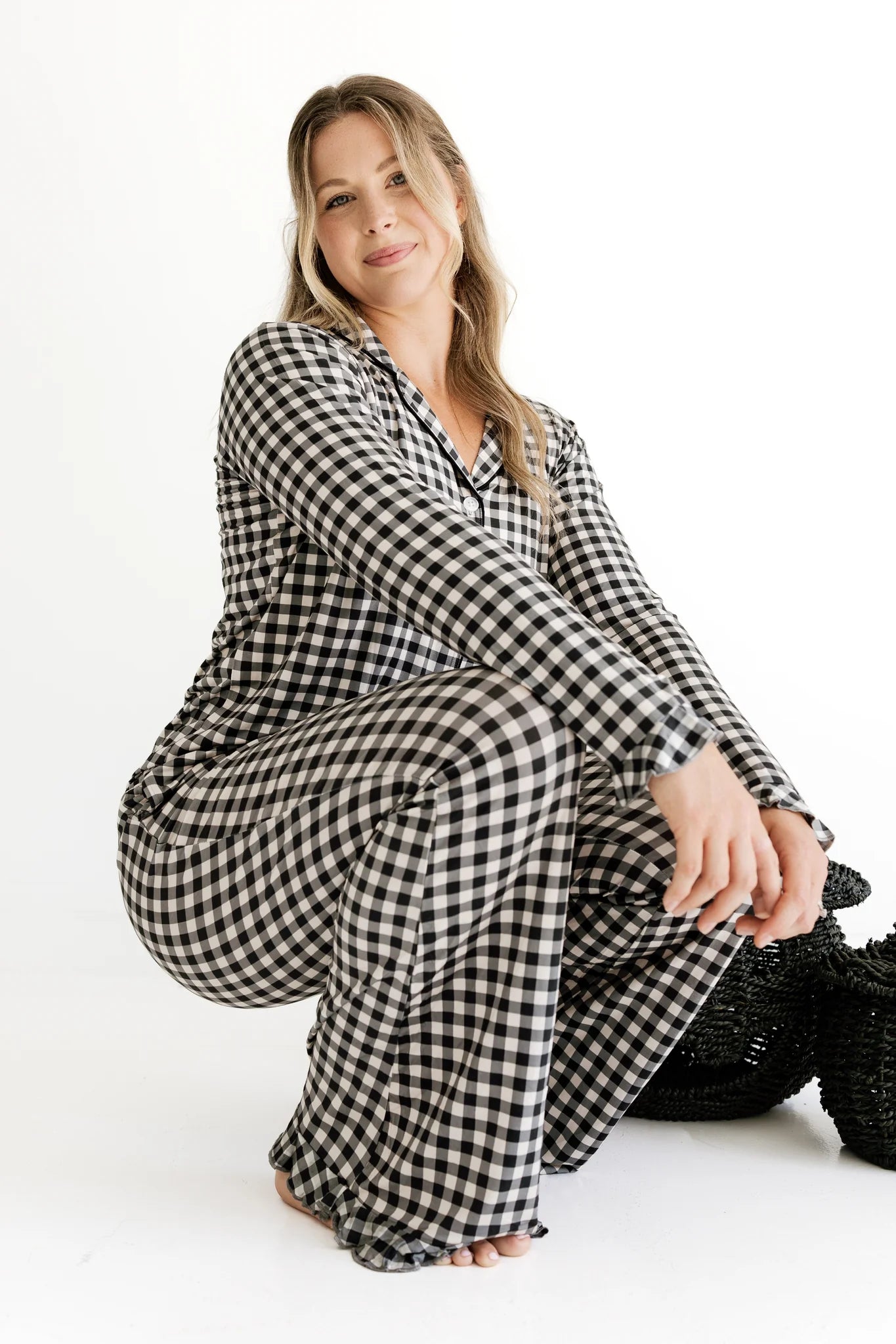 Black and Cream Gingham Women's Long Sleeve Ruffle Set