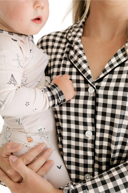 Black and Cream Gingham Women's Long Sleeve Ruffle Set