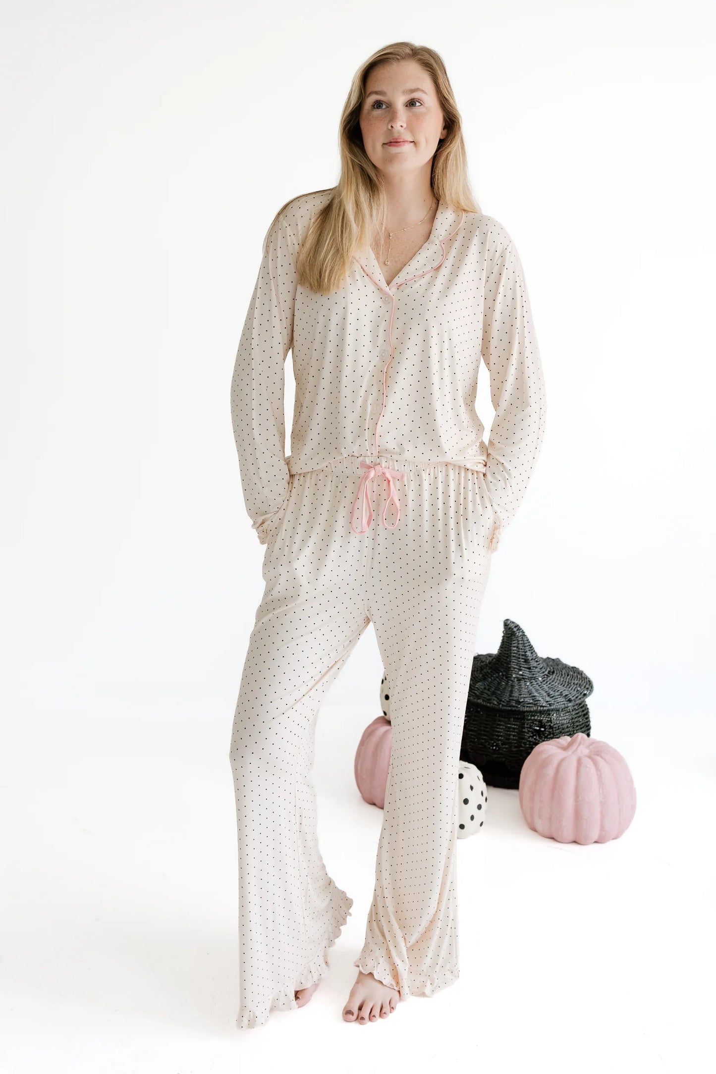 Cream and Black Polka Dot Women's Long Sleeve Ruffle Set