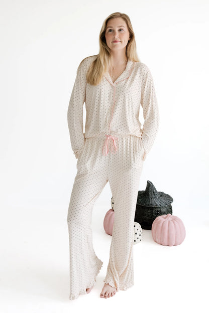 Cream and Black Polka Dot Women's Long Sleeve Ruffle Set