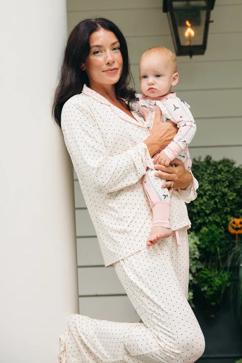Cream and Black Polka Dot Women's Long Sleeve Ruffle Set