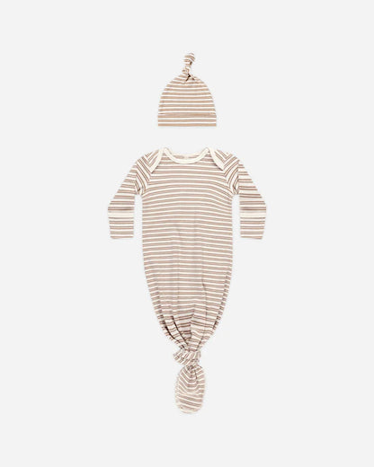 Knotted Baby Gown + Hat Set || Golden Stripe