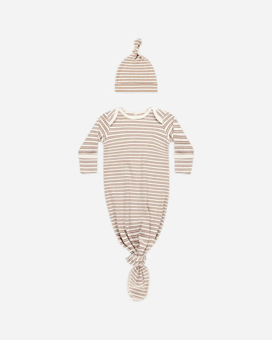 Knotted Baby Gown + Hat Set || Golden Stripe