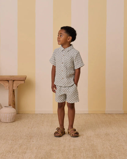 Collared Short Sleeve Shirt + Short Set  || Sage Check
