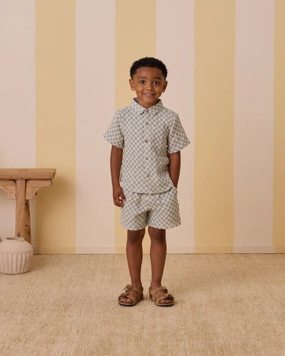 Collared Short Sleeve Shirt + Short Set  || Sage Check